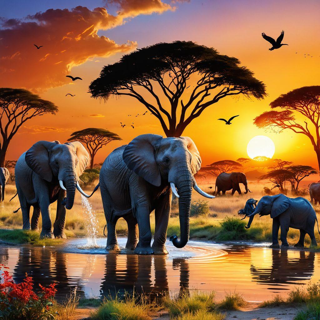A vibrant African landscape filled with a diversity of cheerful wildlife, including a playful group of elephants splashing in a watering hole, colorful birds soaring above, and a bright sunset casting warm hues over the savannah. Lush vegetation and a radiant blue sky evoke a sense of joy and harmony in nature. super-realistic. vibrant colors. 3D.