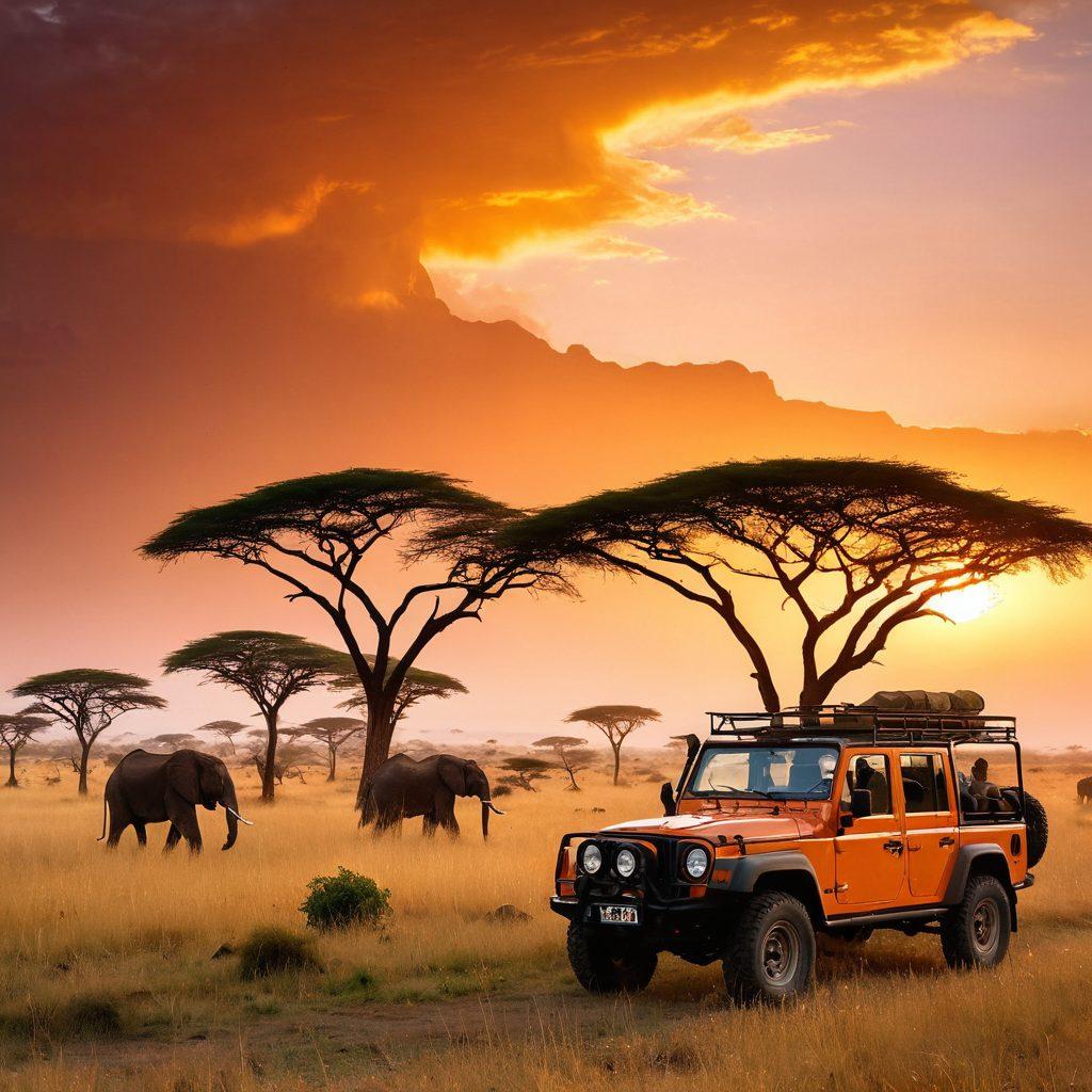 A breathtaking landscape of the Serengeti at sunrise, showcasing a vibrant array of wildlife such as elephants, lions, and giraffes in their natural habitat. Include a safari jeep in the foreground, with adventurers capturing the moment with cameras, surrounded by lush grasslands and acacia trees. The sky should feature warm hues of orange and pink, blending beautifully into the horizon, evoking a sense of adventure and joy. super-realistic. vibrant colors.