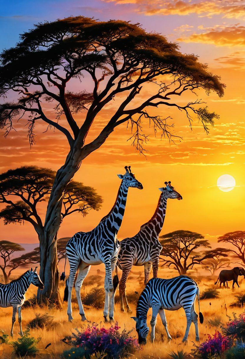 A breathtaking savannah landscape showcasing vibrant African flora with acacia trees and colorful wildflowers. In the foreground, diverse wildlife such as giraffes, elephants, and zebras peacefully coexisting under a bright blue sky. The scene captures a warm golden sunset, symbolizing blissful exploration. Illustrate life-sized animals and rich textures to create depth. super-realistic. vibrant colors. wide aspect ratio.